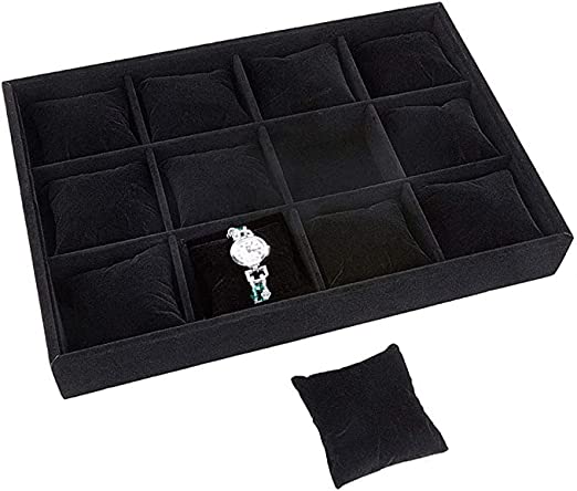 12 Watch Velvet Jewellery Drawer Organizer Tray Stackable (Black