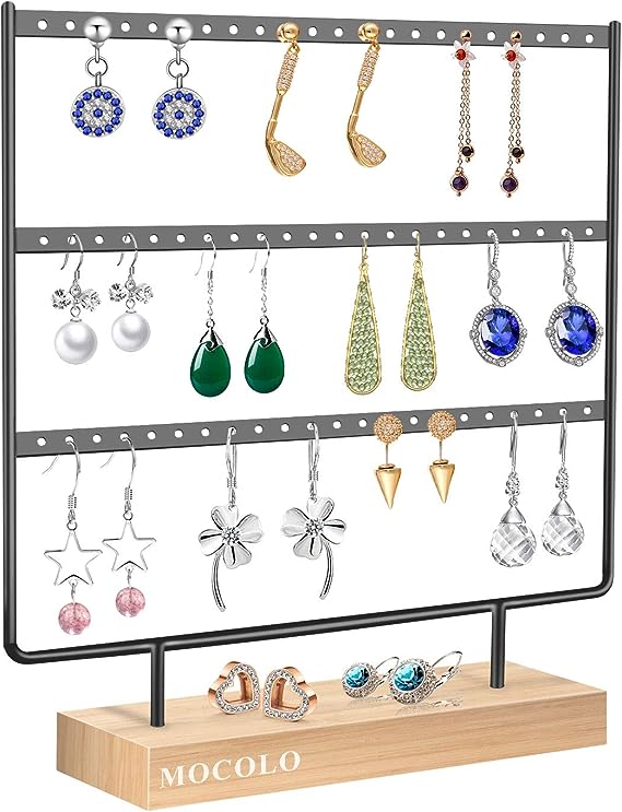 Three-tier jewelry organizer with wooden base