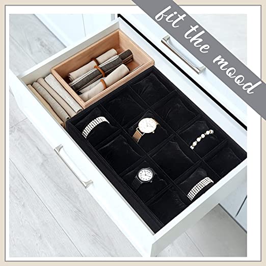 12 Watch Velvet Jewellery Drawer Organizer Tray Stackable (Black