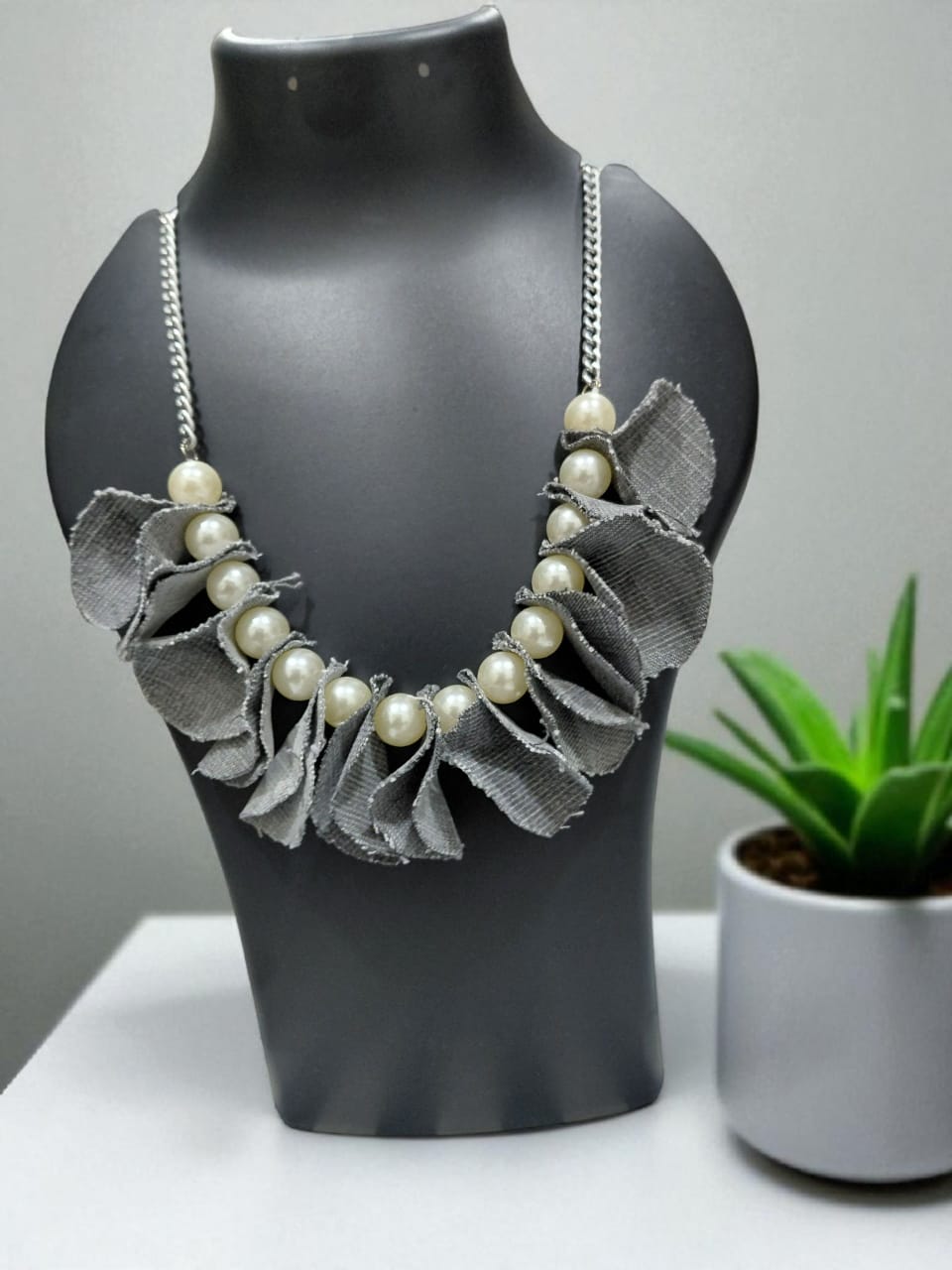 Handmade Pearl and Fabric Necklace