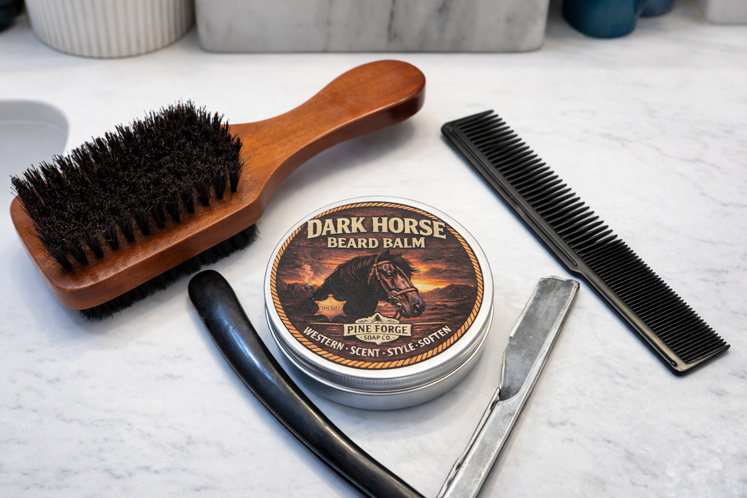 Dark Horse Beard Balm – Western Woods, Leather & Spice – 2 oz (Handcrafted by Pine Forge Soap Co.)