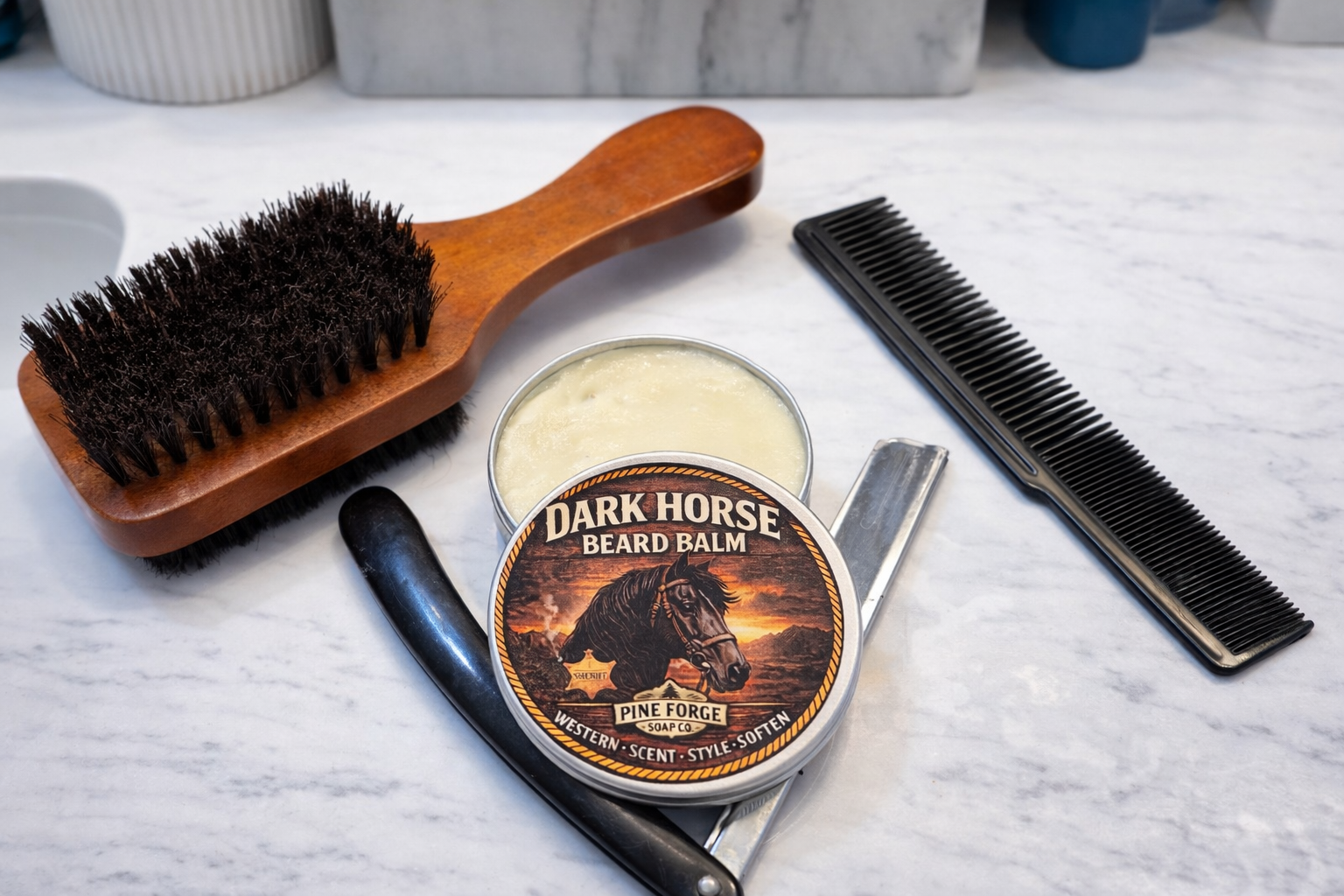 Dark Horse Beard Balm – Western Woods, Leather & Spice – 2 oz (Handcrafted by Pine Forge Soap Co.)