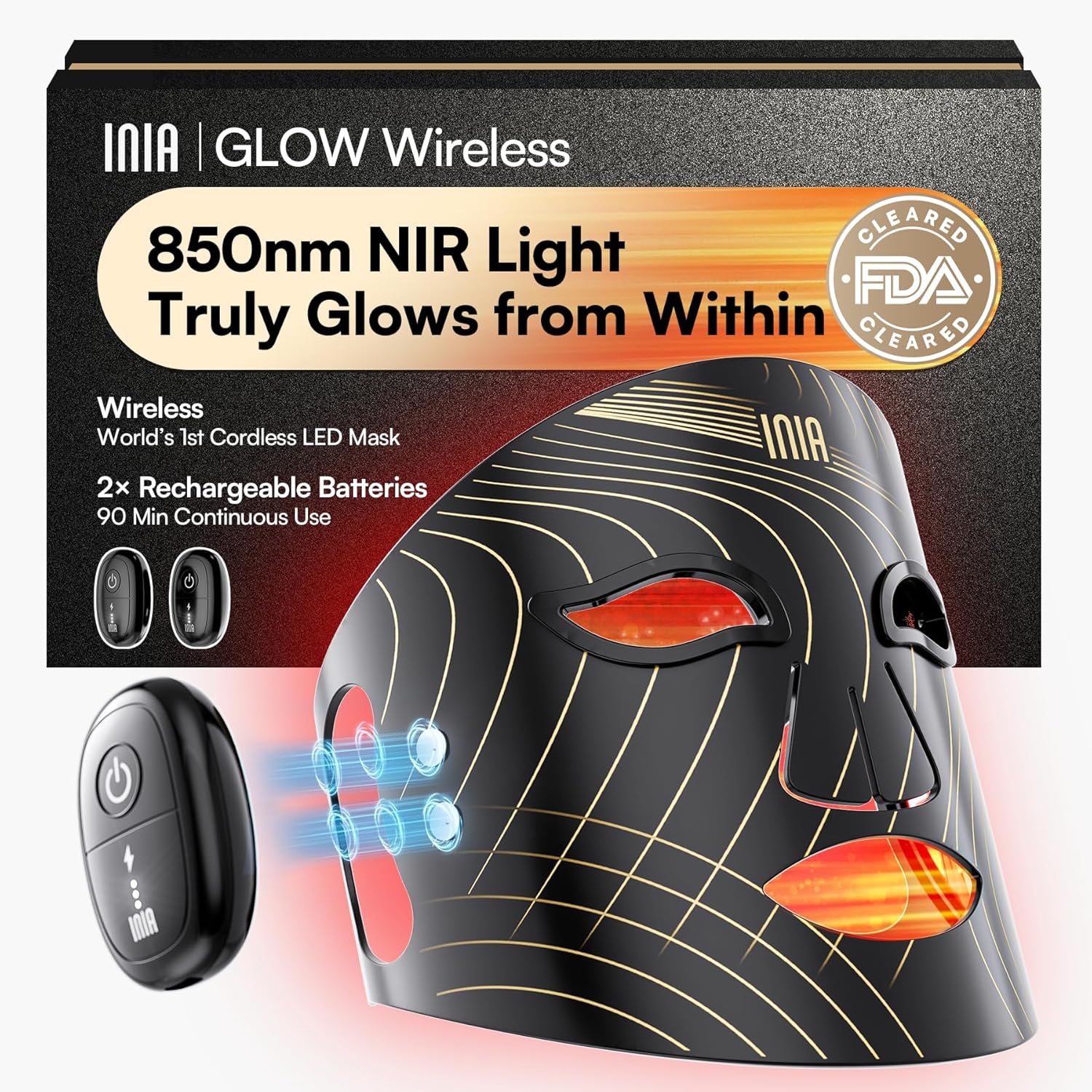 INIA Red Light Therapy Mask for Face, Wireless LED Facial Mask with Near Infrared