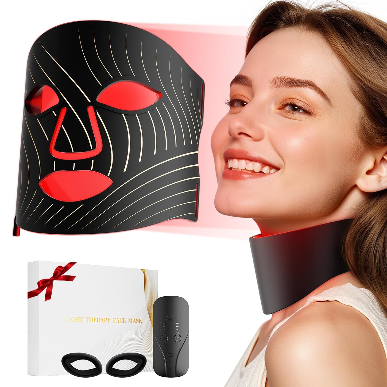 Red Light Therapy for Face, LED Facial Mask Light Therapy with Neck Device