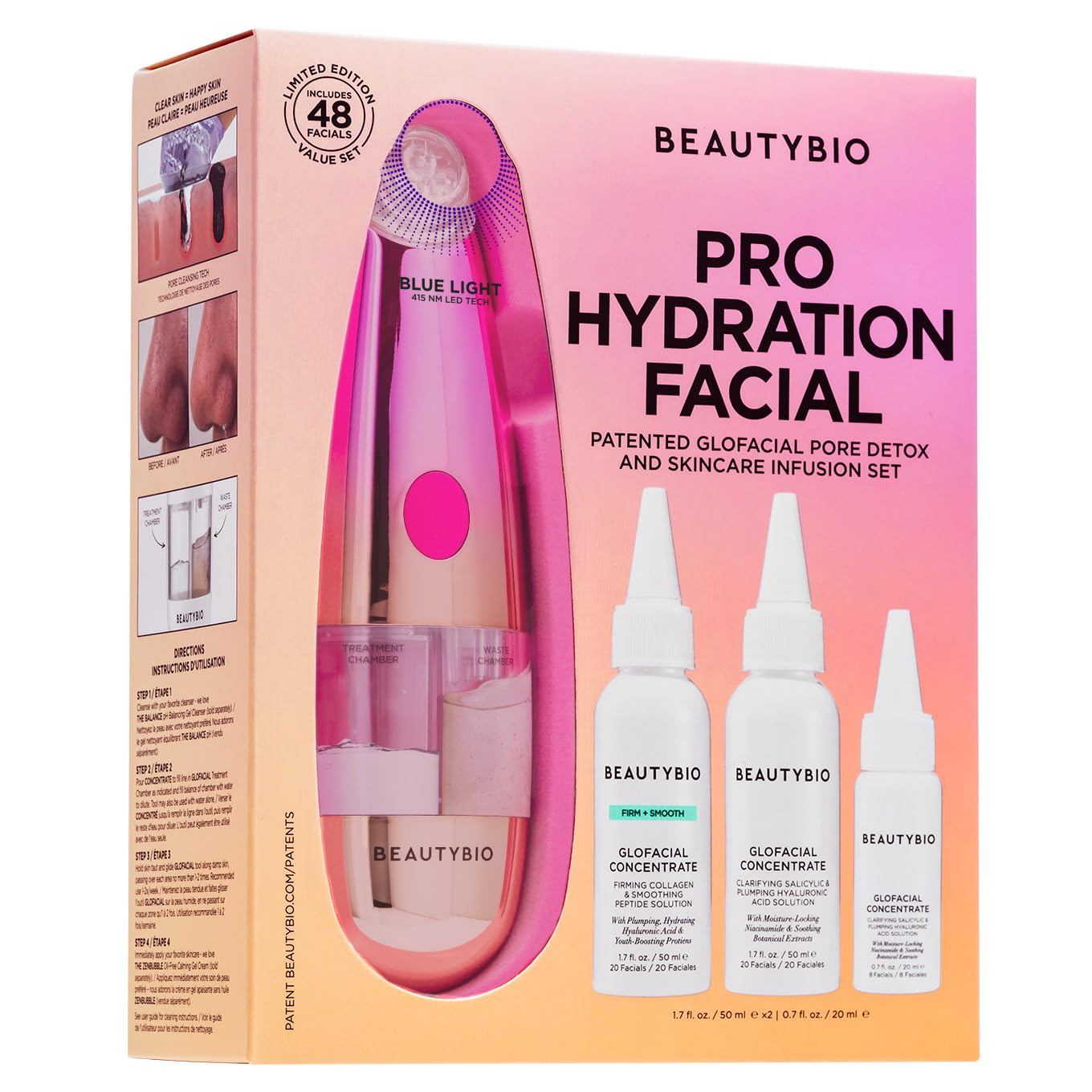 BeautyBio GLOfacial Hydro-Infusion Deep Pore Cleansing + Blue LED Clarifying Set: Tool + Concentrate