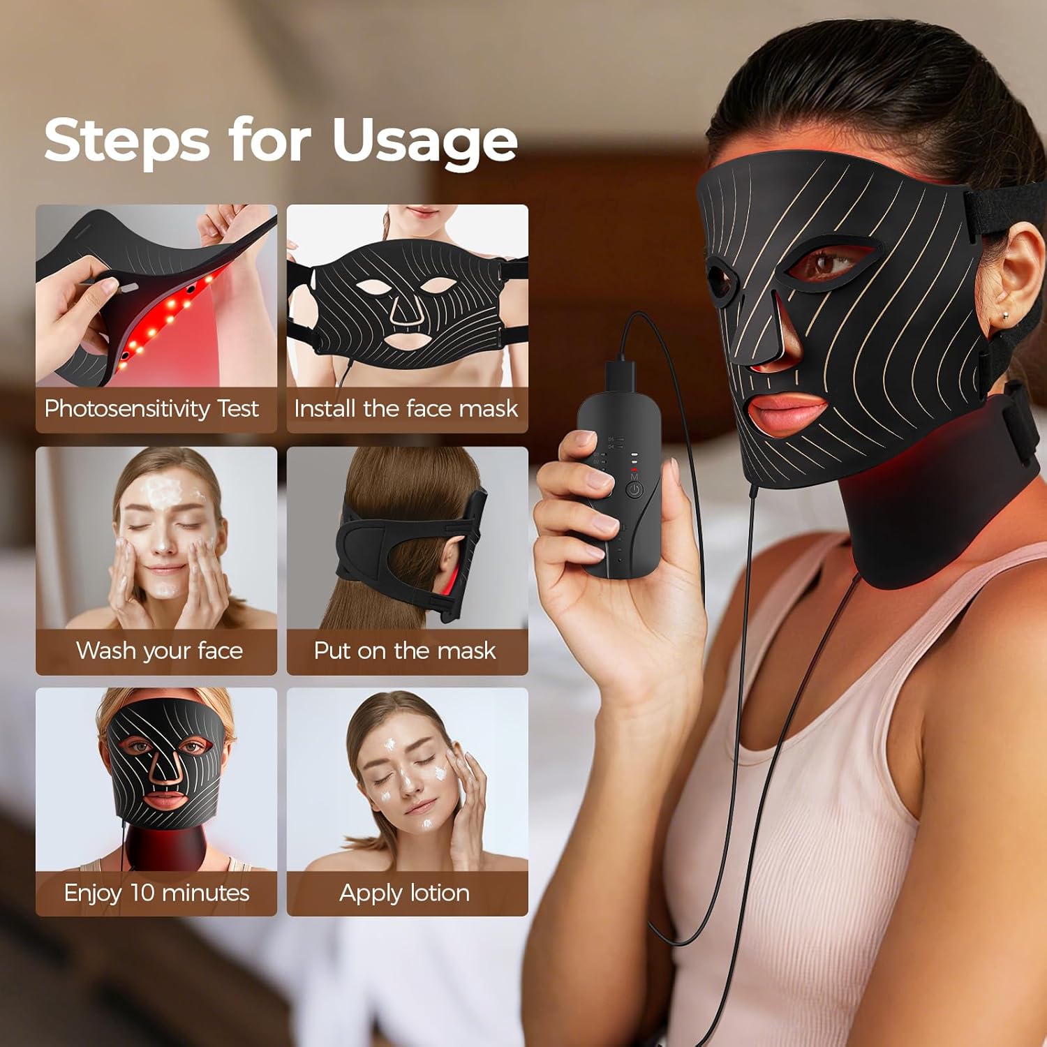 Red Light Therapy for Face, LED Facial Mask Light Therapy with Neck Device