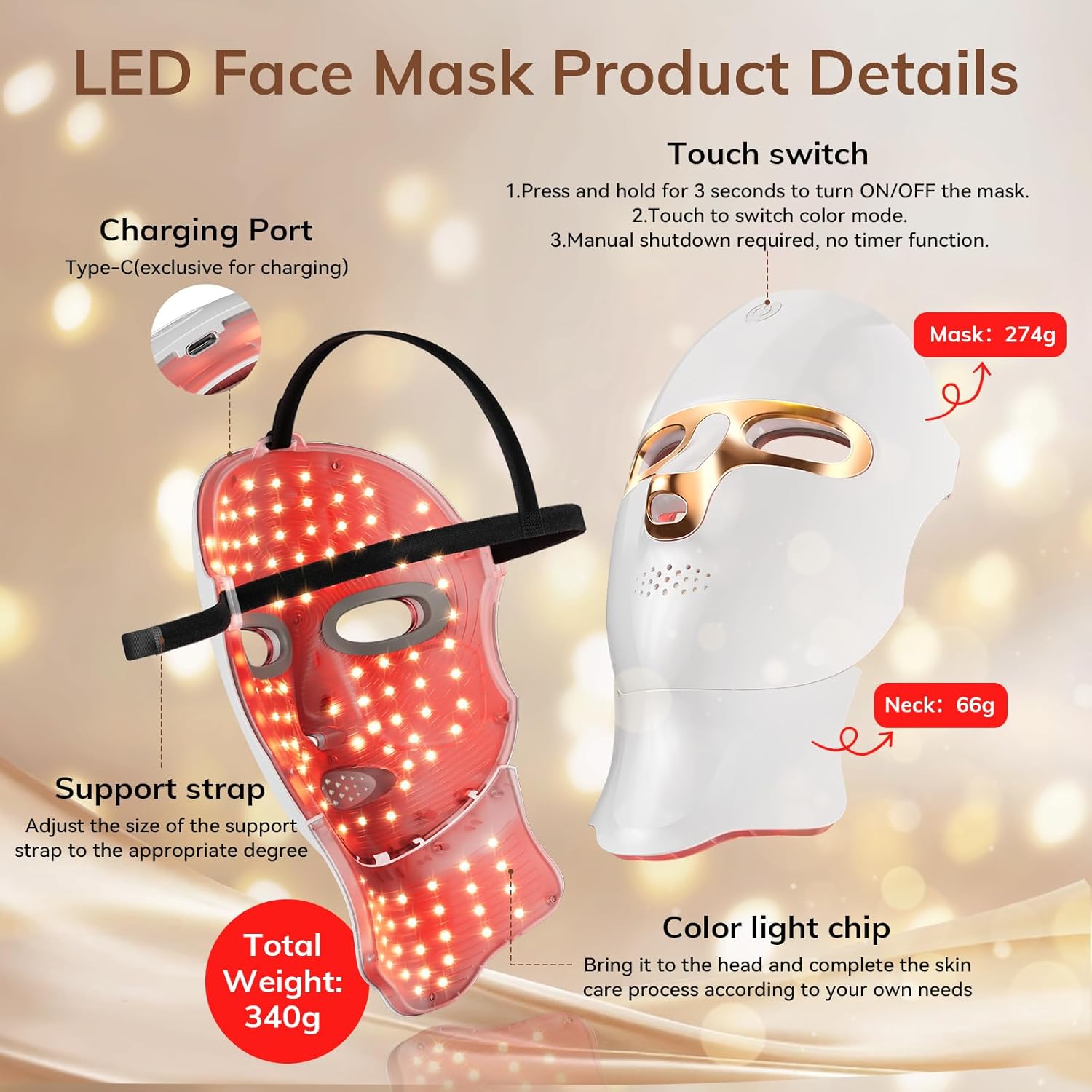 Red Light Therapy Mask for Face, 120 LED Wireless Light Therapy with Neck Device