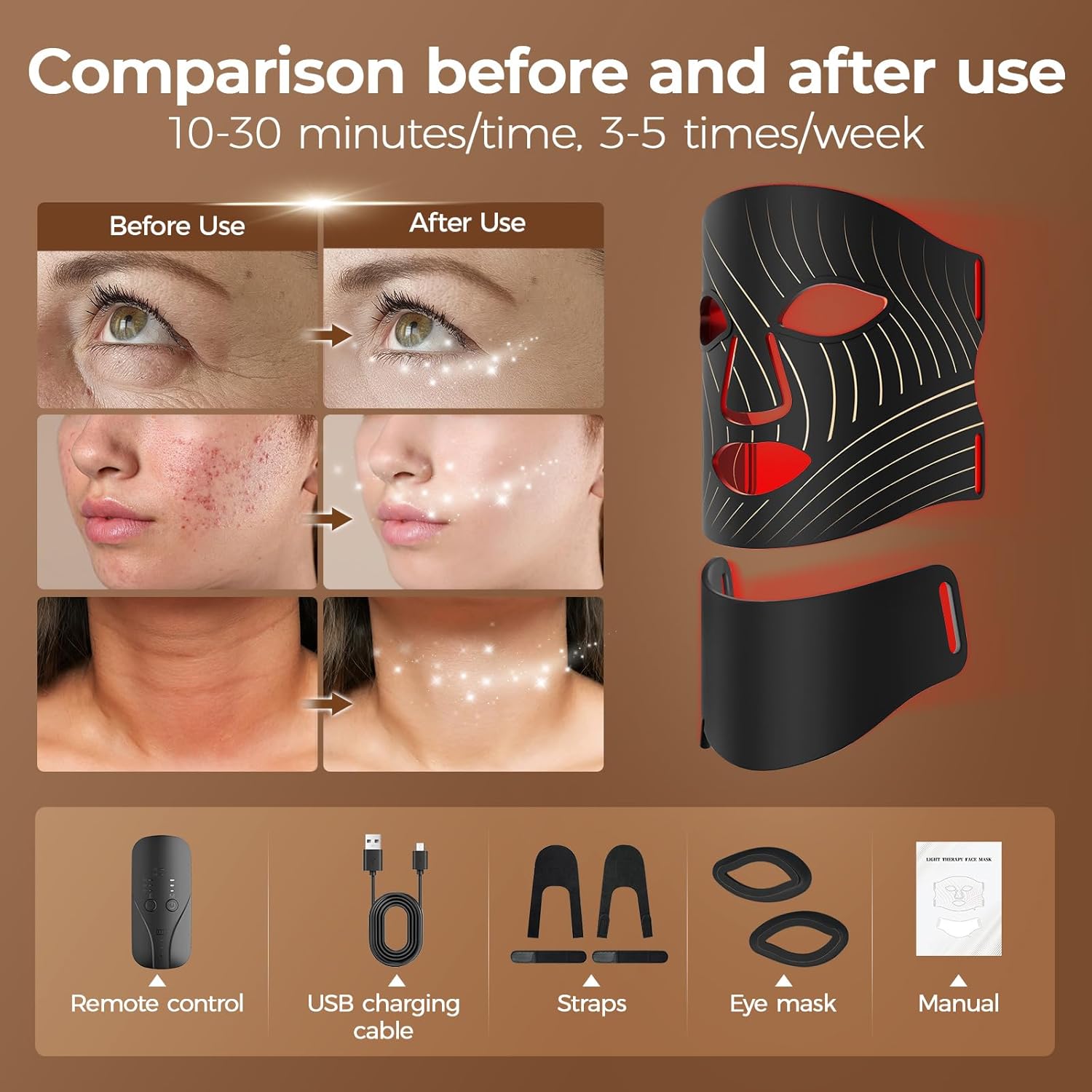 Red Light Therapy for Face, LED Facial Mask Light Therapy with Neck Device