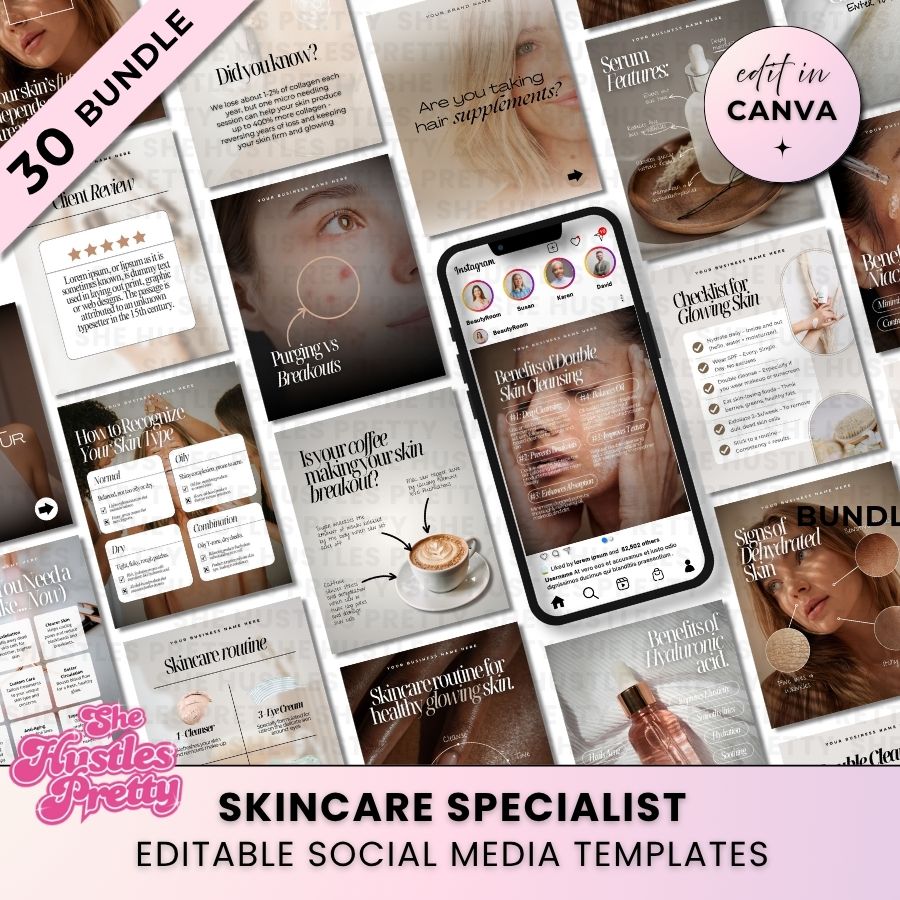 Skincare Specialist Bundle of 30 Templates | Social Media Marketing for Beauty Professionals | Neutral 