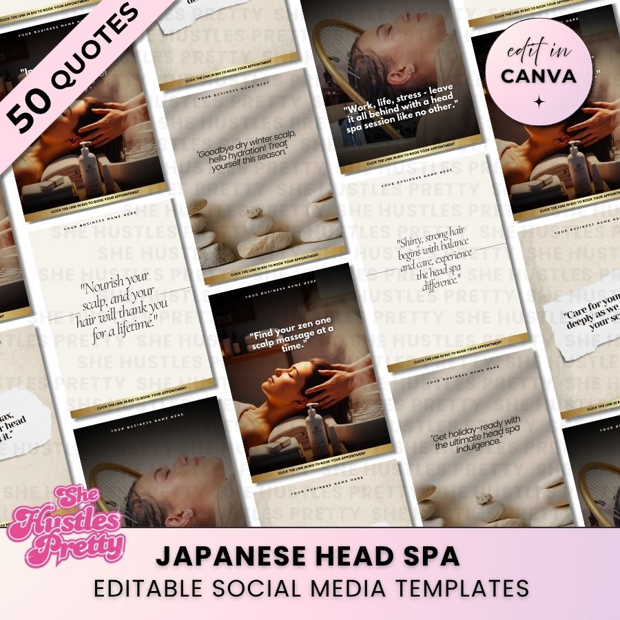 Japanese Head Spa Bundle of 50 Quote Templates | Social Media Marketing for Beauty Professionals | Neutral 