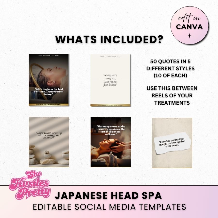 Japanese Head Spa Bundle of 50 Quote Templates | Social Media Marketing for Beauty Professionals | Neutral 