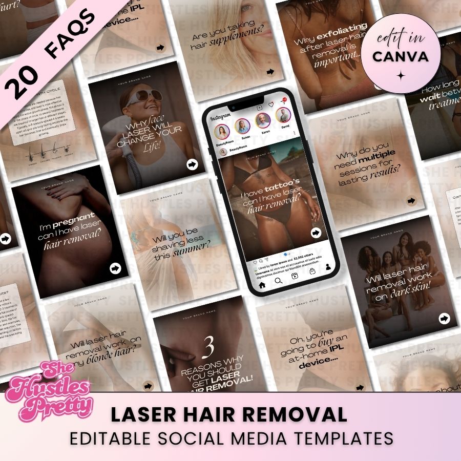 Laser Hair Removal 20 FAQ Carousel Templates | Social Media Marketing for Beauty Professionals | Neutral 