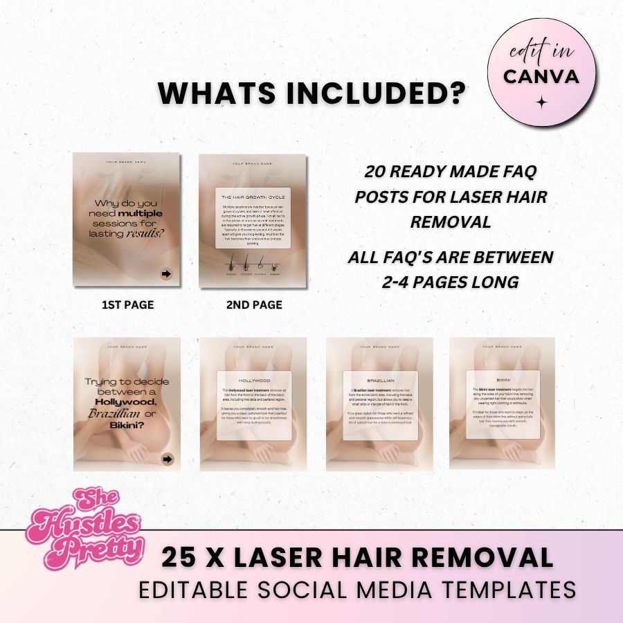 Laser Hair Removal 20 FAQ Carousel Templates | Social Media Marketing for Beauty Professionals | Neutral 
