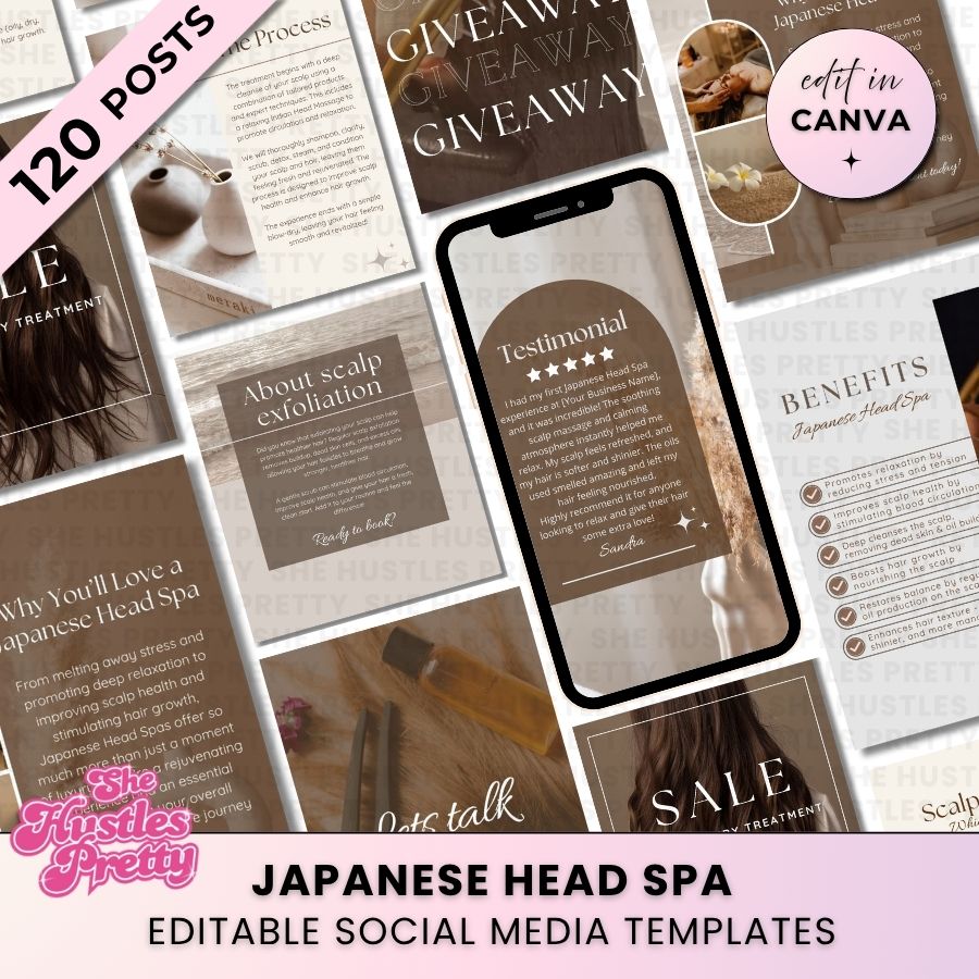 Japanese Head Spa 120 Post Marketing Bundle | Social Media Marketing for Beauty Professionals | Neutral 