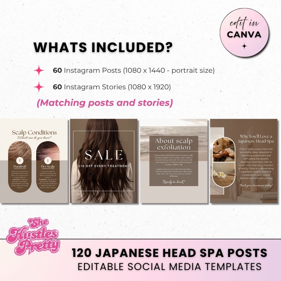 Japanese Head Spa 120 Post Marketing Bundle | Social Media Marketing for Beauty Professionals | Neutral 