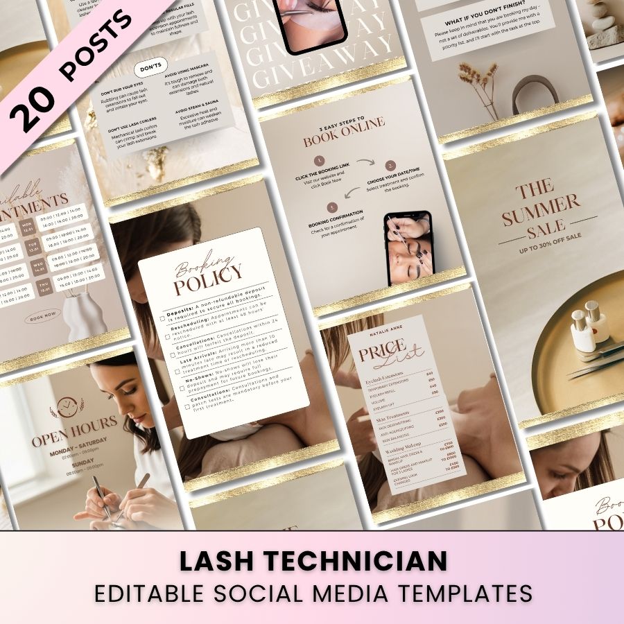 Lash Technician Biz Bundle 20 Posts | Social Media Marketing for Lash Artist | Neutral 