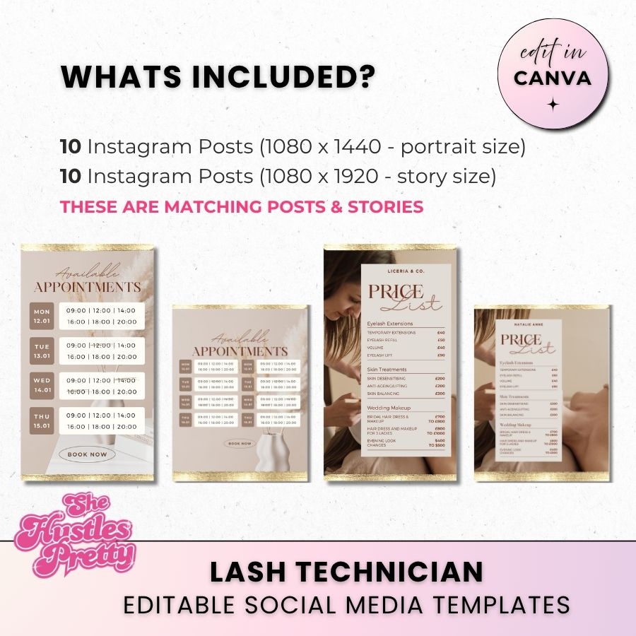 Lash Technician Biz Bundle 20 Posts | Social Media Marketing for Lash Artist | Neutral 