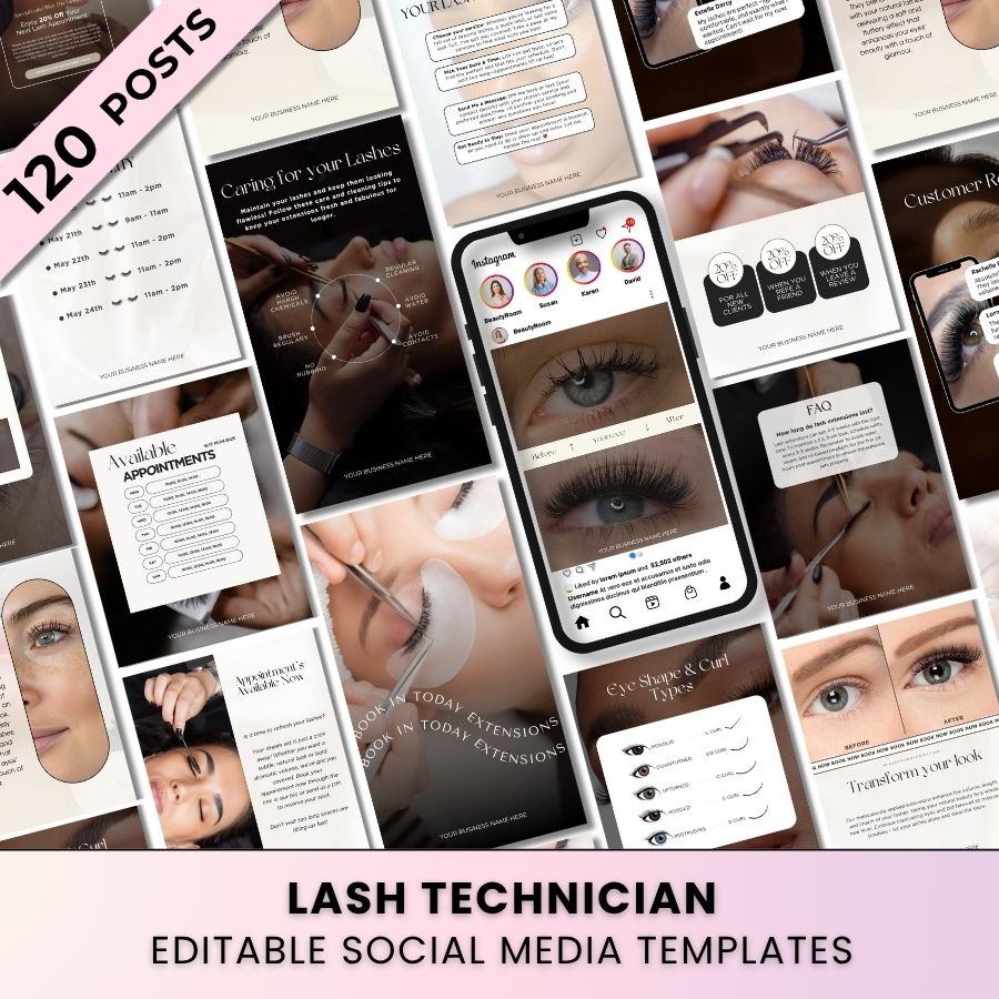 Lash Technician Biz Bundle 120 Posts | Social Media Marketing for Lash Artist | Neutral 