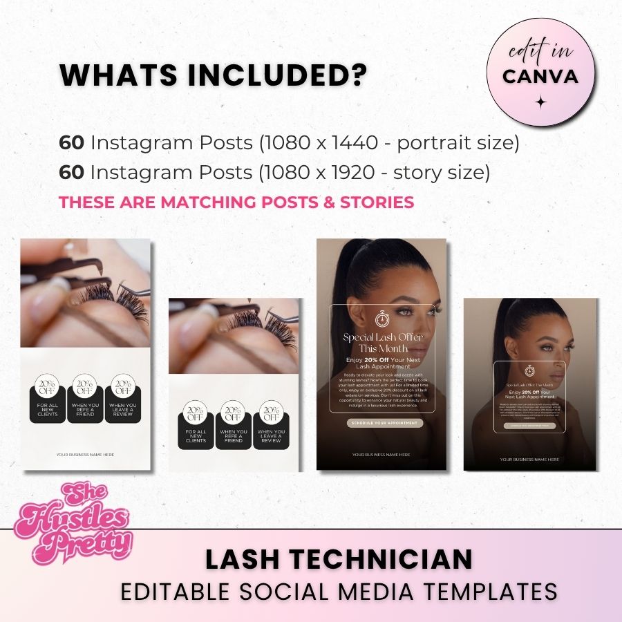 Lash Technician Biz Bundle 120 Posts | Social Media Marketing for Lash Artist | Neutral 