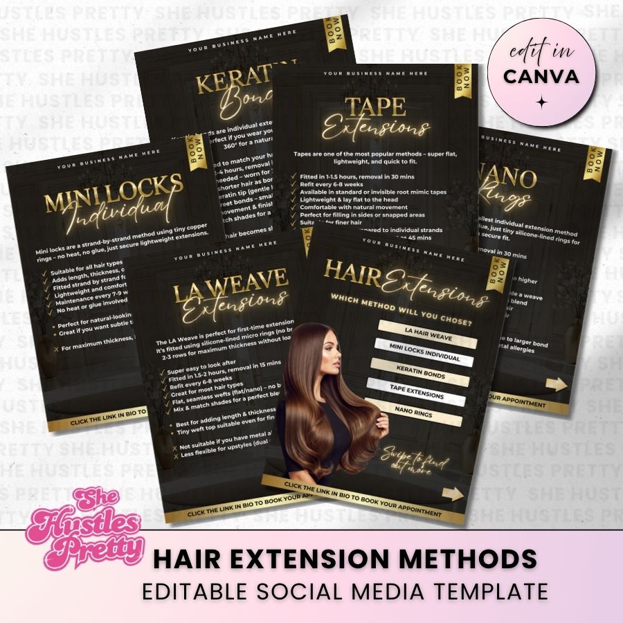 Hair Extension Methods Carousel for Social Media | Black & Gold | For Beauty Professionals