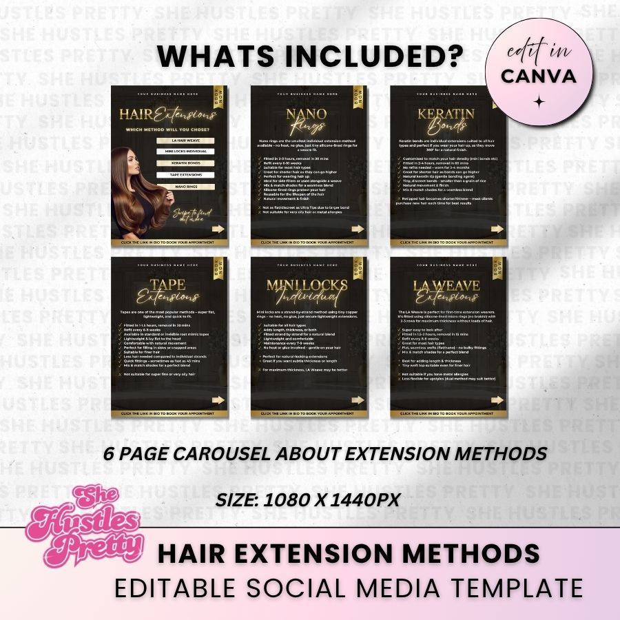 Hair Extension Methods Carousel for Social Media | Black & Gold | For Beauty Professionals