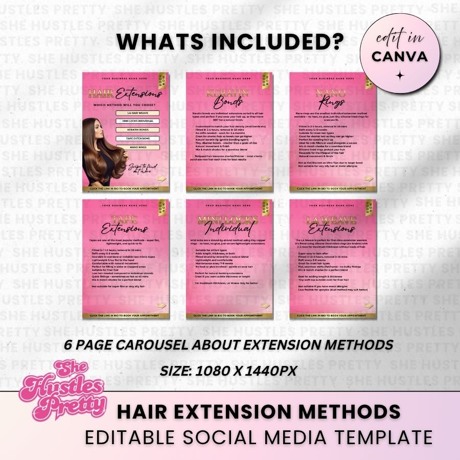 Hair Extension Methods Carousel for Social Media | Pink & Gold | For Beauty Professionals