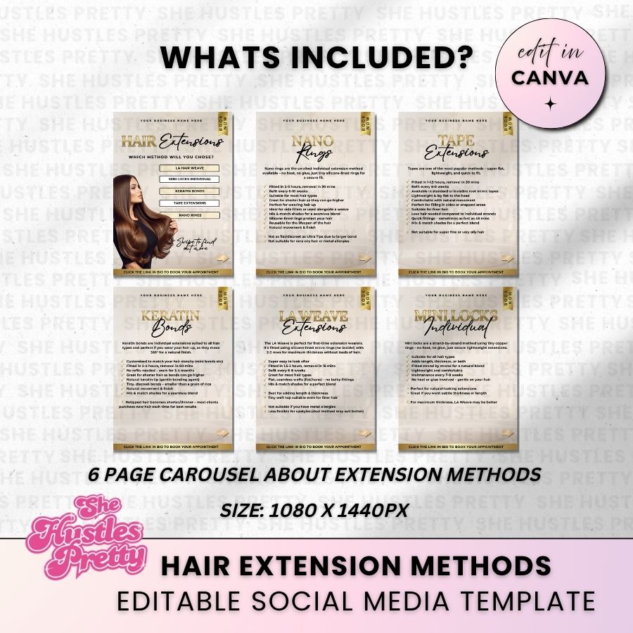 Hair Extension Methods Carousel for Social Media | Beige & Gold | For Beauty Professionals