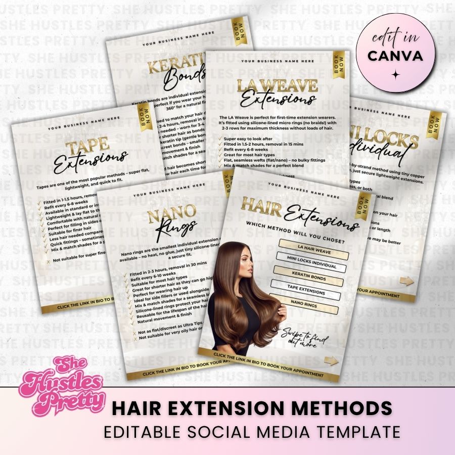 Hair Extension Methods Carousel for Social Media | White & Gold | For Beauty Professionals
