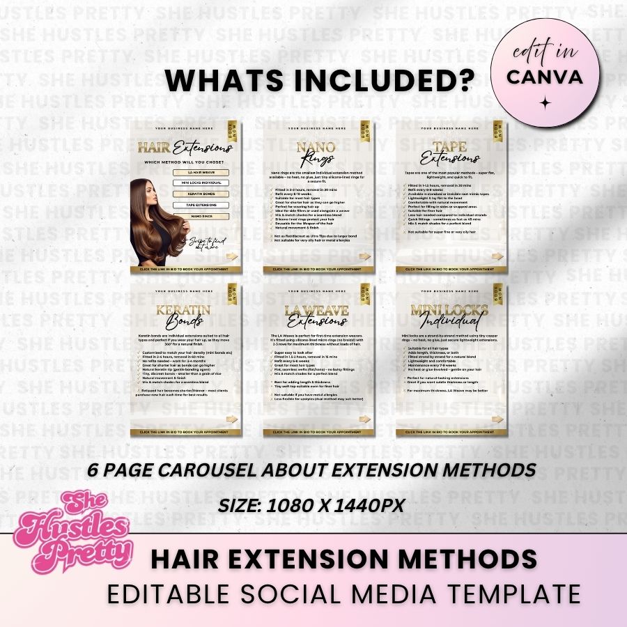 Hair Extension Methods Carousel for Social Media | White & Gold | For Beauty Professionals