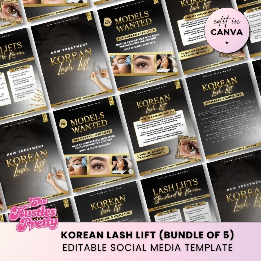 Korean Lash Lift x 5 Posts | Social Media Marketing for Lash Artist | Black & Gold Luxe