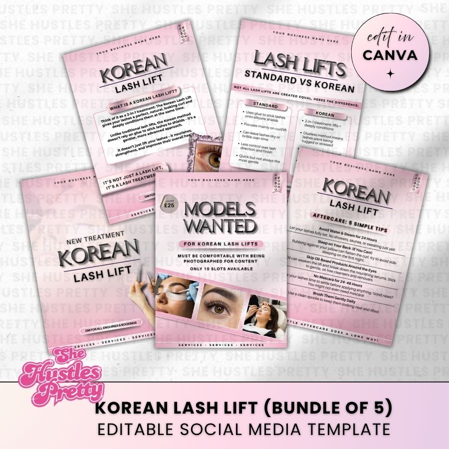 Korean Lash Lift x 5 Posts | Social Media Marketing for Lash Artist | White & Pink