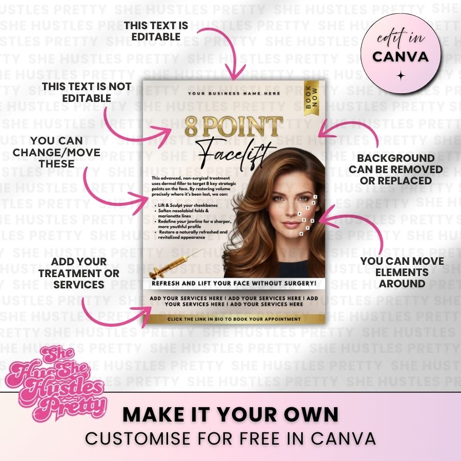 8 Point Face Lift Anti-Wrinkle Template for Social Media | Beige & Gold | For Aestheticians