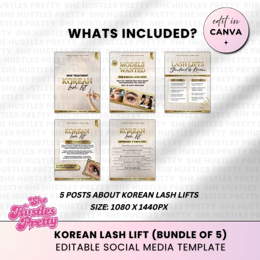 Korean Lash Lift x 5 Posts | Social Media Marketing for Lash Artist | Beige & Gold Luxe