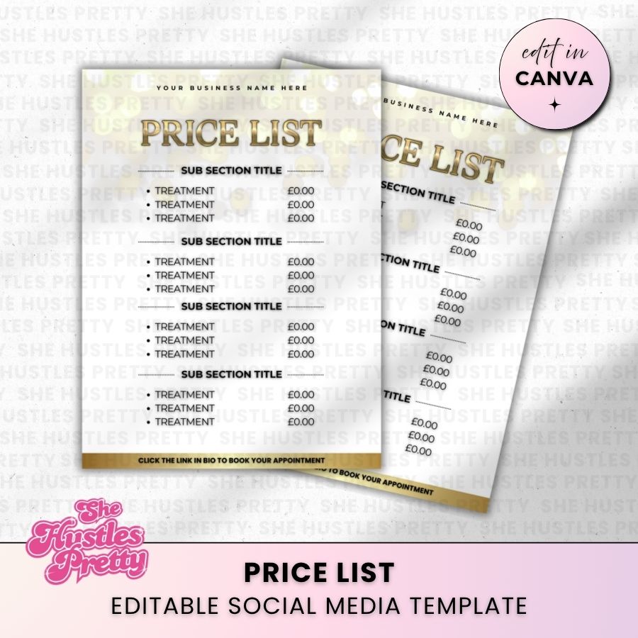 Price List Template for Social Media | White & Gold | For Beauty Professionals
