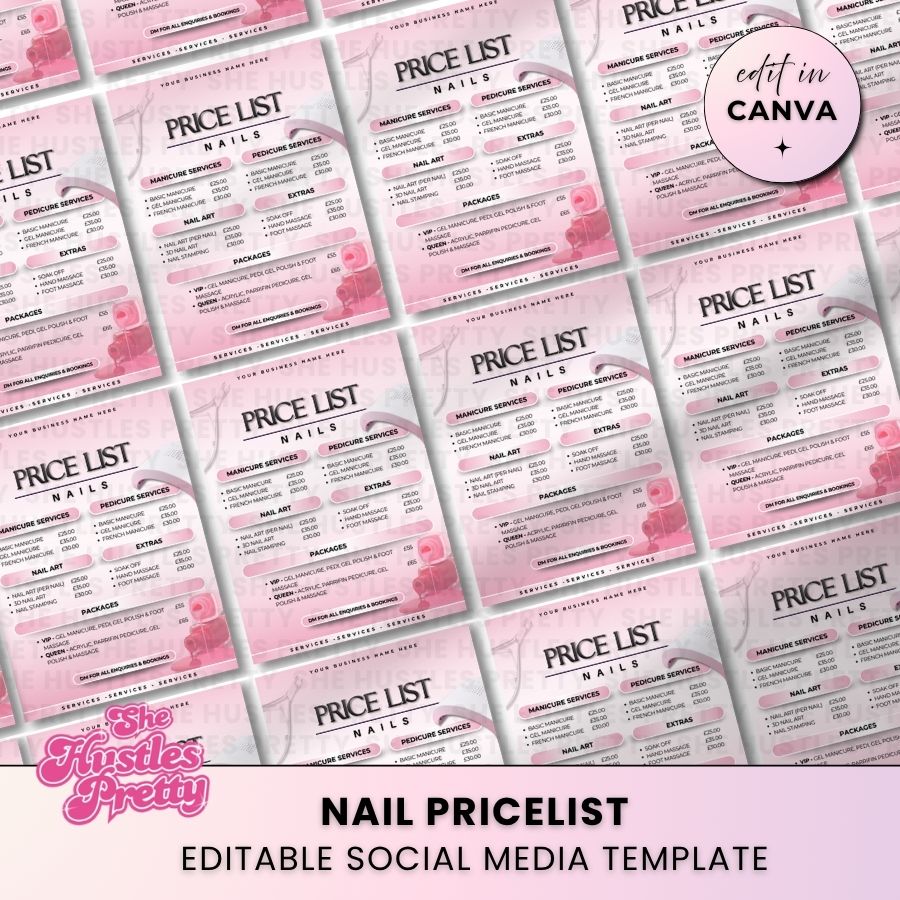 Nail Price List Template for Social Media | White & Pink | For Nail Technicians