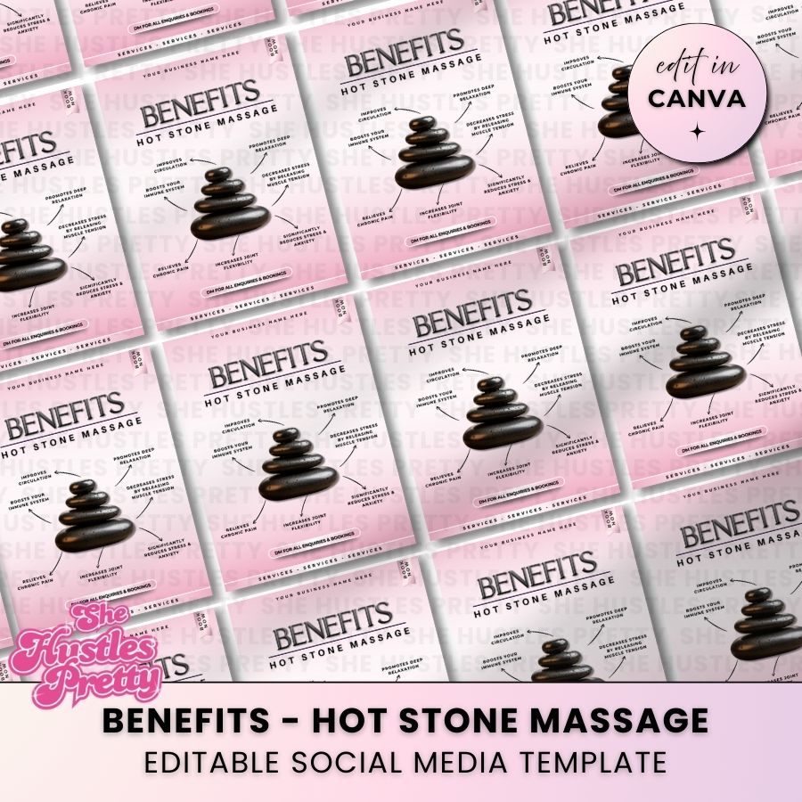 Benefits Hot Stone Massage for Social Media | White & Pink | For Massage Therapists