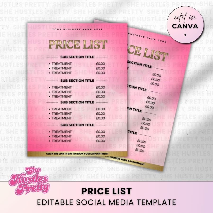 Price List Template for Social Media | Pink & Gold | For Beauty Professionals