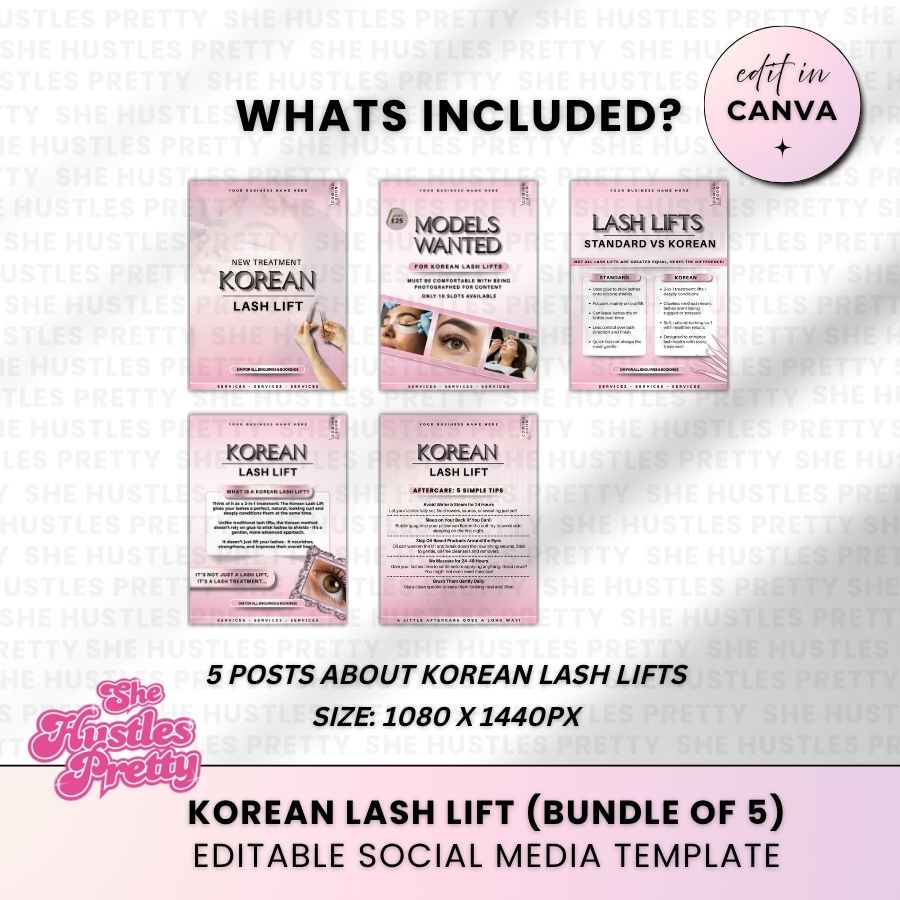 Korean Lash Lift x 5 Posts | Social Media Marketing for Lash Artist | White & Pink