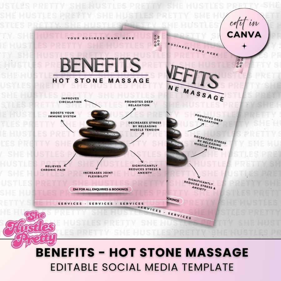 Benefits Hot Stone Massage for Social Media | White & Pink | For Massage Therapists