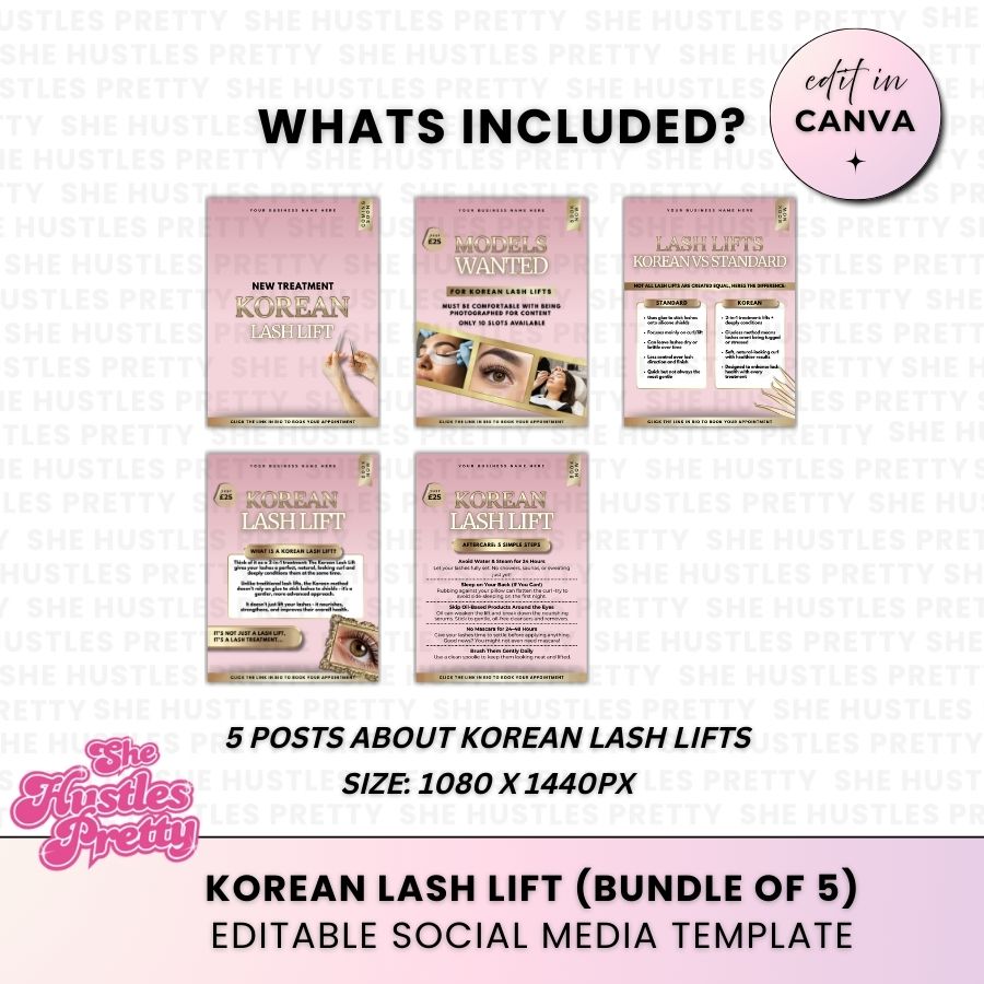 Korean Lash Lift x 5 Posts | Social Media Marketing for Lash Artist | Baby Pink & Gold
