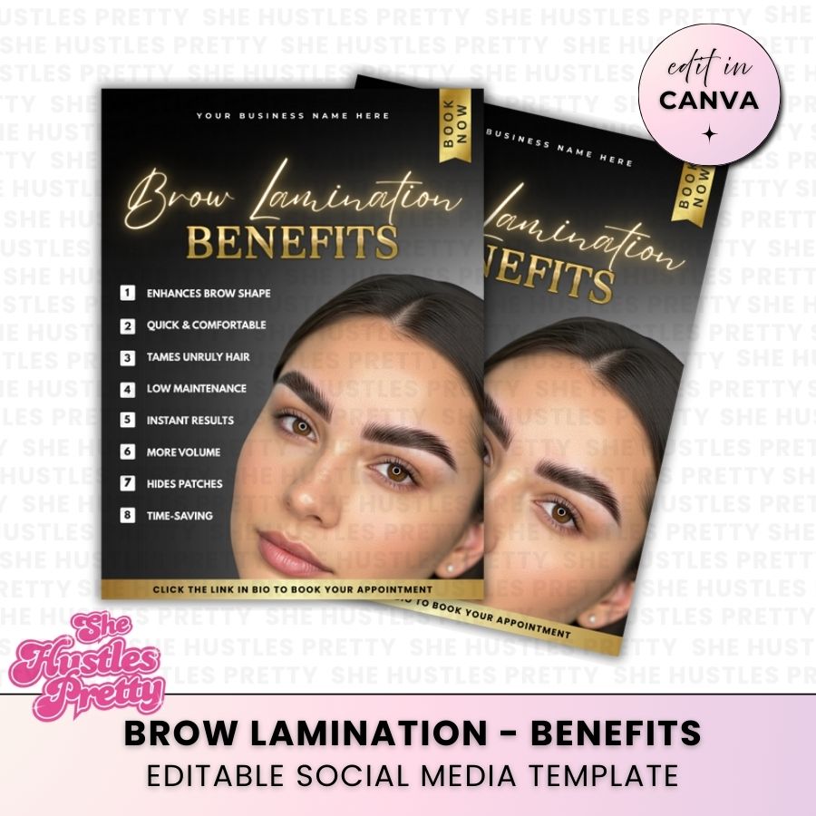 Brow Lamination - Benefits | Social Media Templates | Black & Gold Luxe