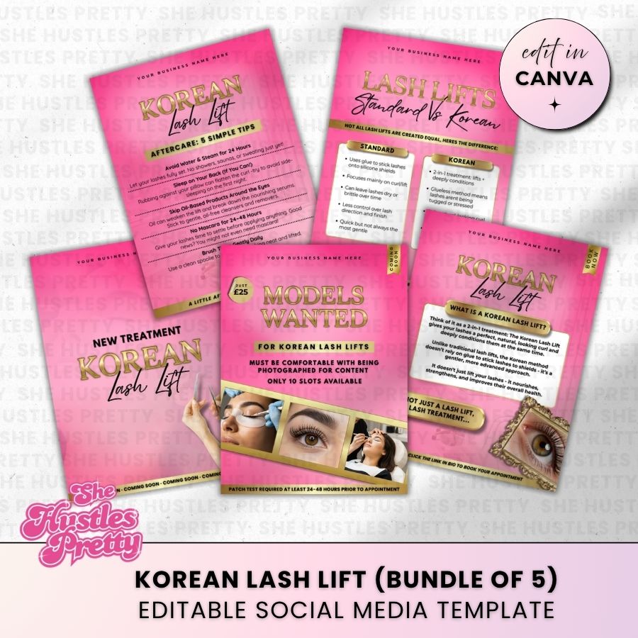 Korean Lash Lift x 5 Posts | Social Media Marketing for Lash Artist | Pink & Gold Luxe