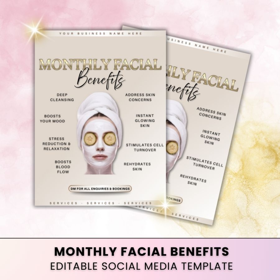 Monthly Facial Benefits Template for Social Media | Golden Nude | For Skincare Specialists