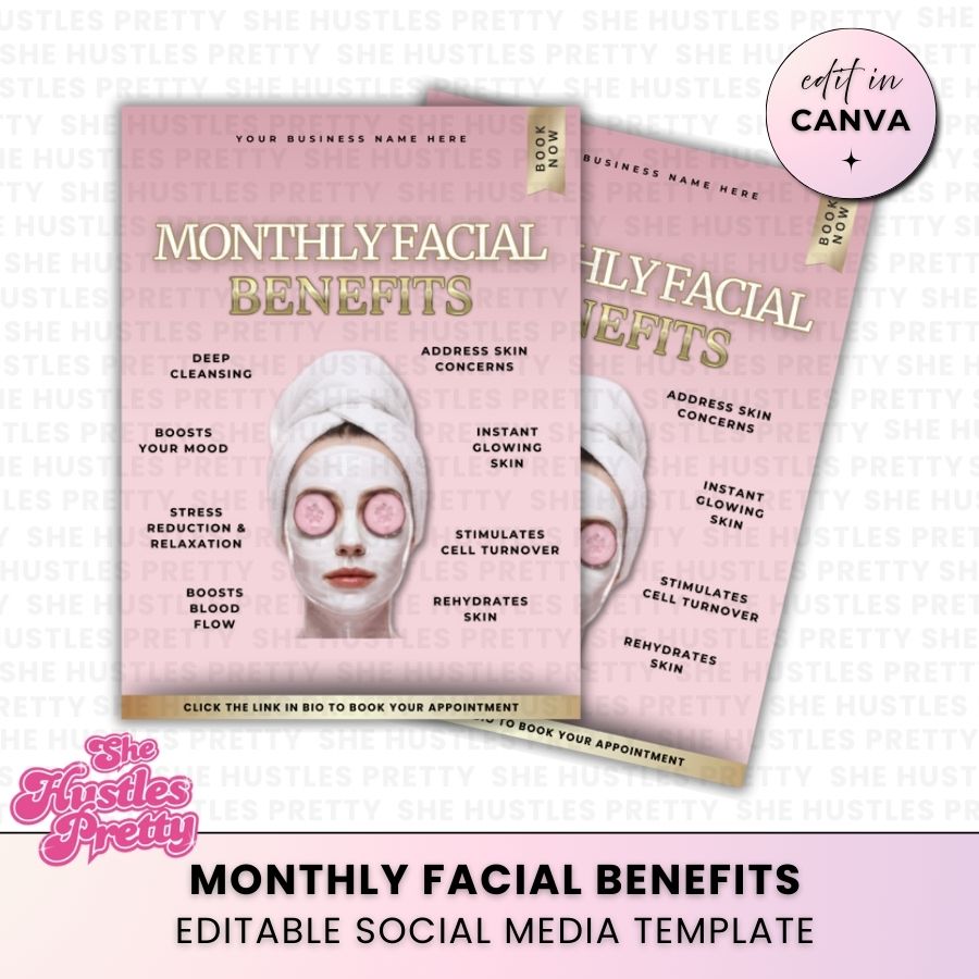 Monthly Facial Benefits Template for Social Media | Baby Pink & Gold | For Skincare Specialists