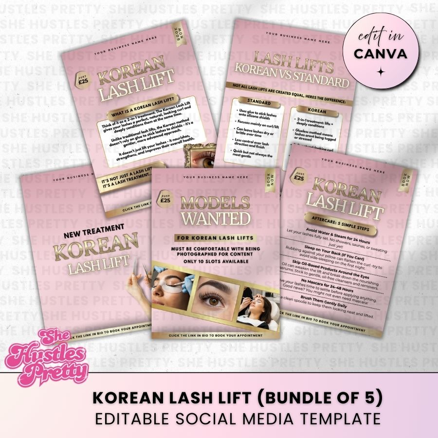 Korean Lash Lift x 5 Posts | Social Media Marketing for Lash Artist | Baby Pink & Gold