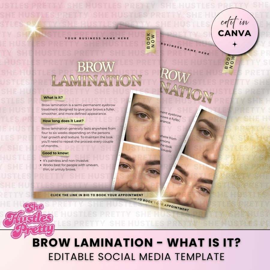 Brow Lamination - What is it? | Social Media Templates | Baby Pink & Gold