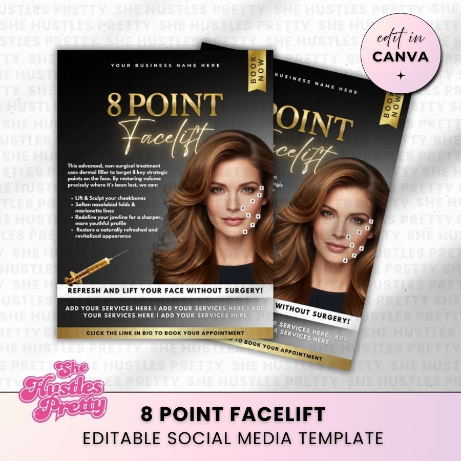 8 Point Face Lift Anti-Wrinkle Template for Social Media | Black & Gold | For Aestheticians