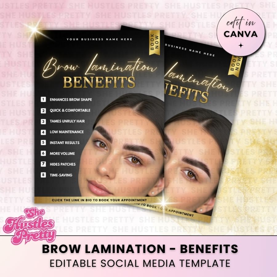Brow Lamination - Benefits | Social Media Templates | Black & Gold Luxe
