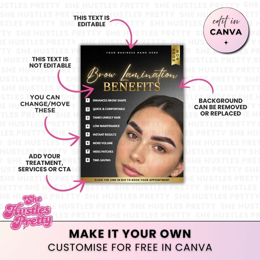 Brow Lamination - Benefits | Social Media Templates | Black & Gold Luxe
