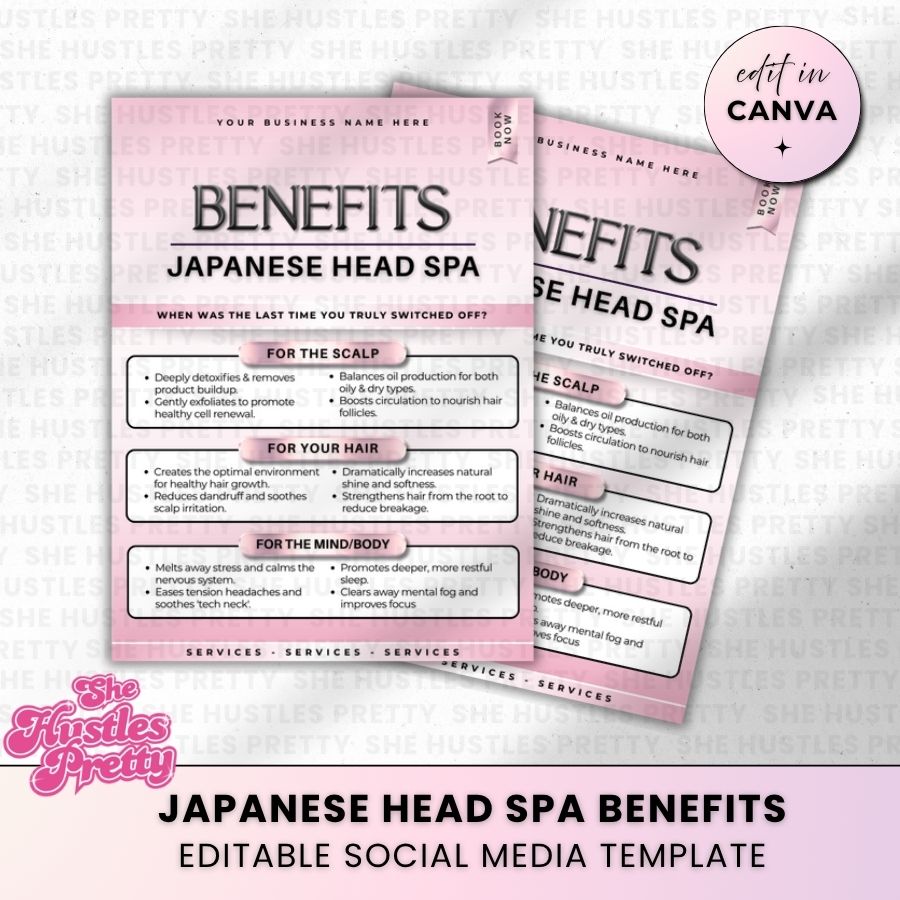 Japanese Head Spa Benefits for Social Media | White & Pink | For Massage Therapists